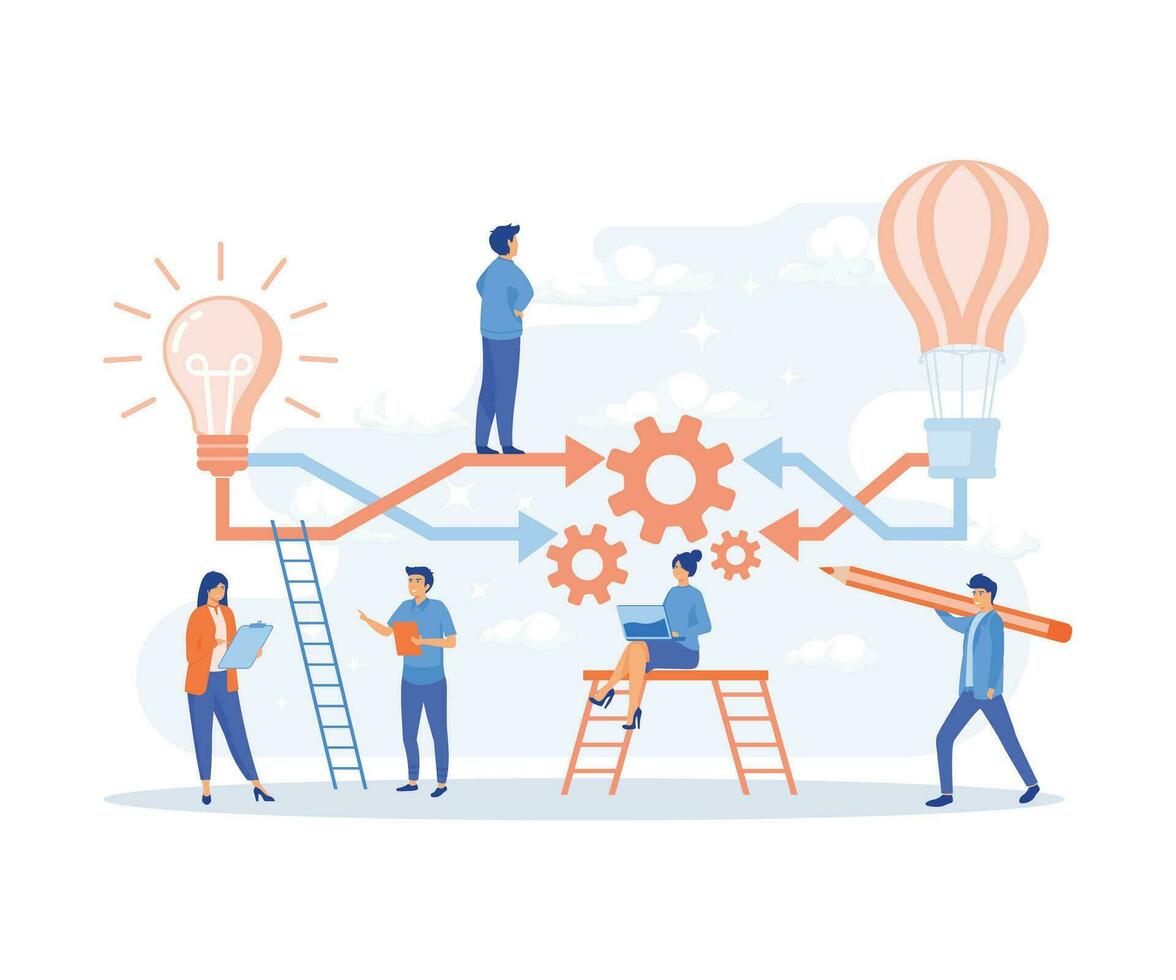 brainstorming and teamwork concept. Group of young business people collaborating, thinking about creative idea, flat vector modern illustration