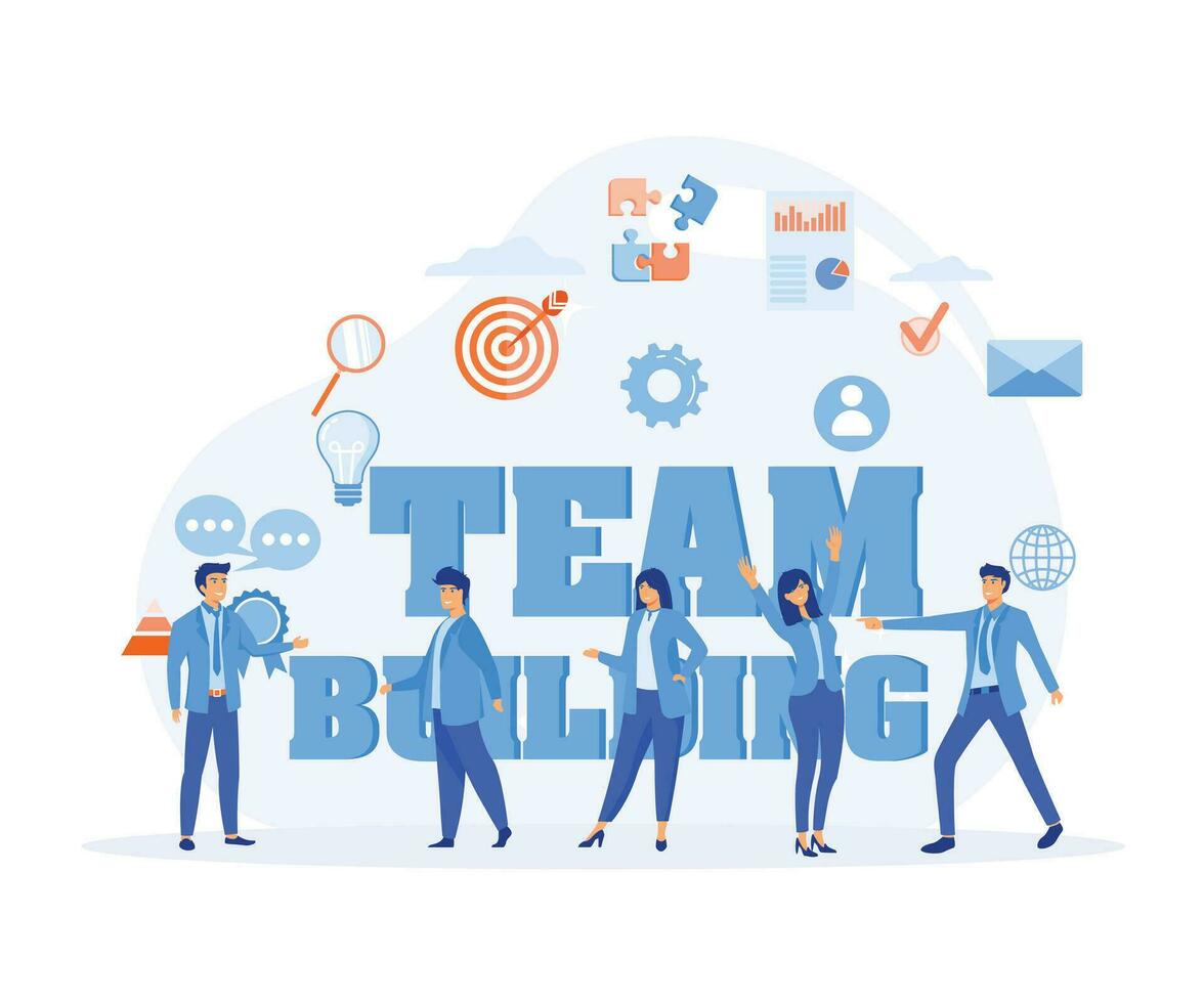 team building business concept, people surrounded  with big words team building, flat vector modern illustration