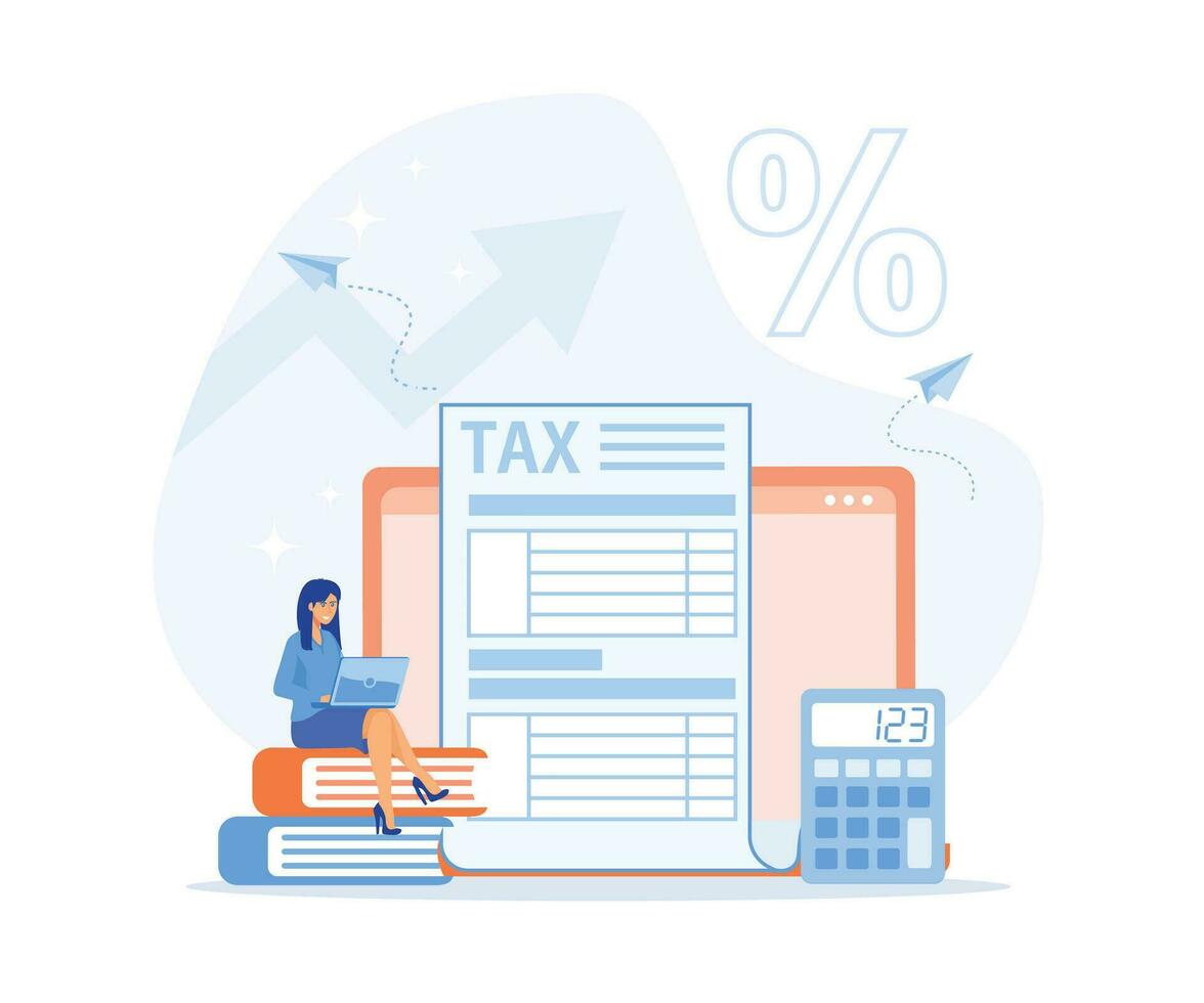 Taxation planning concept. Characters using tax calendar to filling tax declaration form online and with financial advice, flat vector modern illustration