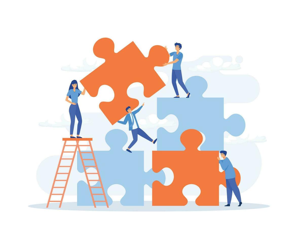 Business concept, people connecting puzzle elements. Symbol of teamwork, cooperation, partnership. flat vector modern illustration