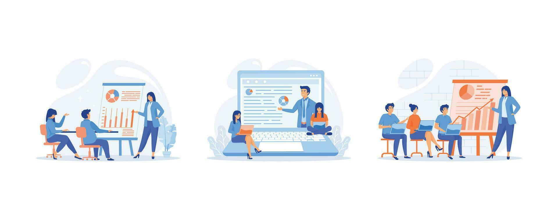 Business seminar speaker presentation and professional training about marketing, sales and e-commerce. set flat vector modern illustration