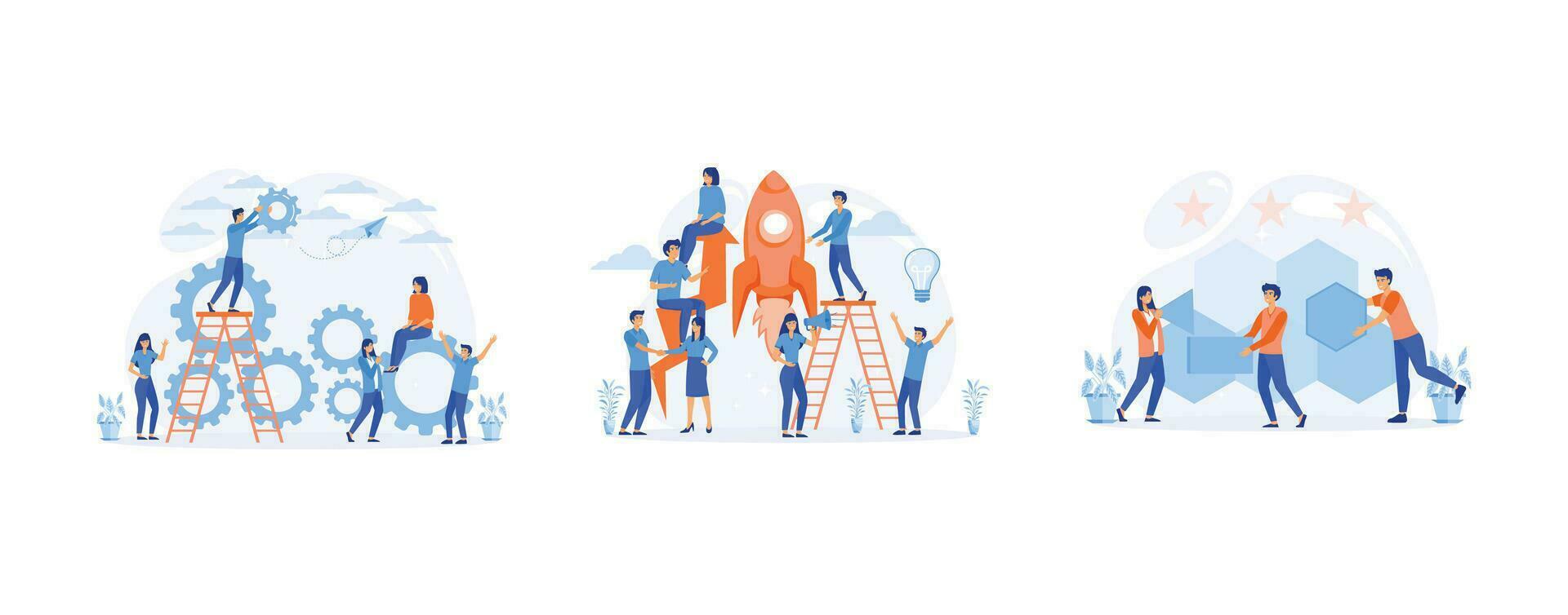 mechanism teamwork. People challenge teamwork up, Co working and problem solving, set flat vector modern illustration