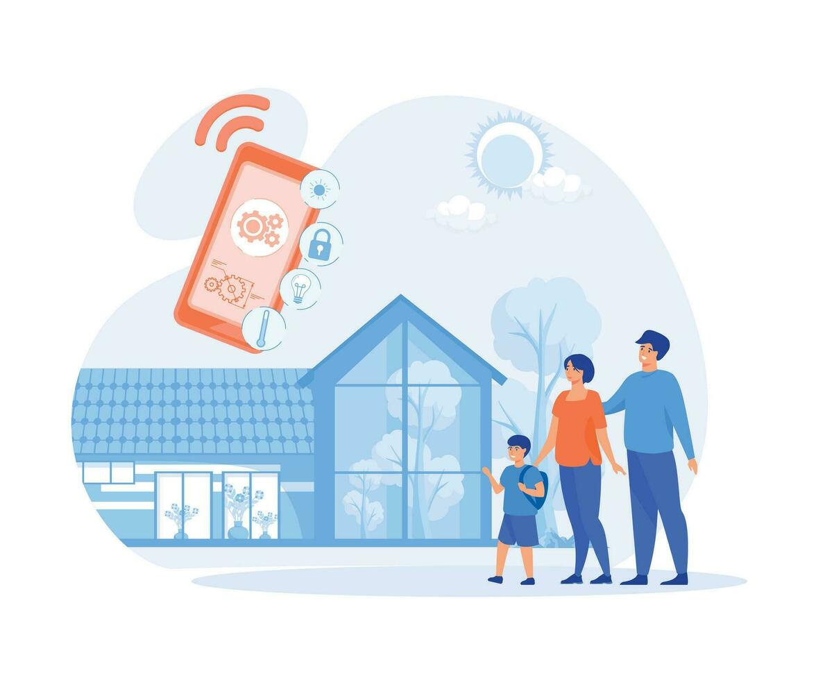 Smart home app with control system, eco house on the background and family posing,  flat vector modern illustration
