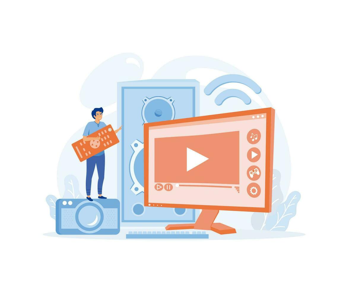 Modern television technology,  Smart TV, content, applications. Network connected interactive device. Internet TV, flat vector modern illustration