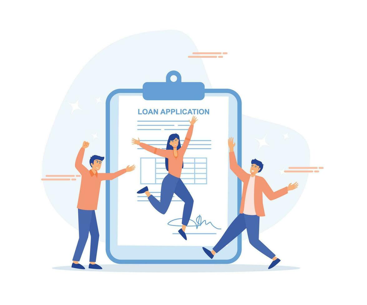 loan approval concept, Mortgage or credit form with stamp approved and happy person jumping. flat vector modern illustration