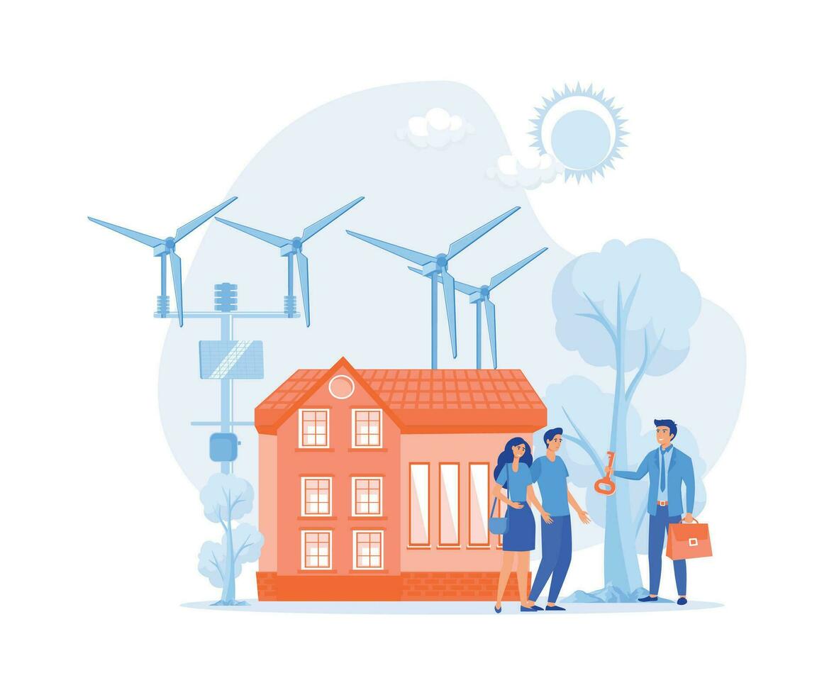 eco casa concepto, contento personas comprando nuevo hogar. real inmuebles agente con clientela y llave. ecología verde energía, plano vector moderno ilustración