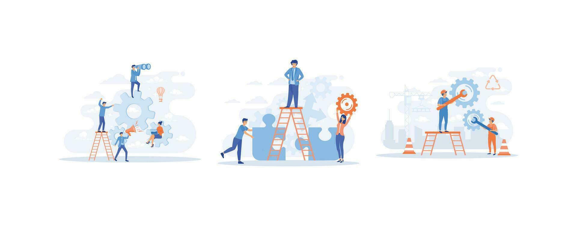 Team of businesspeople working with industrial gears, collaborating, solving problems, thinking about creative idea,  set flat vector modern illustration