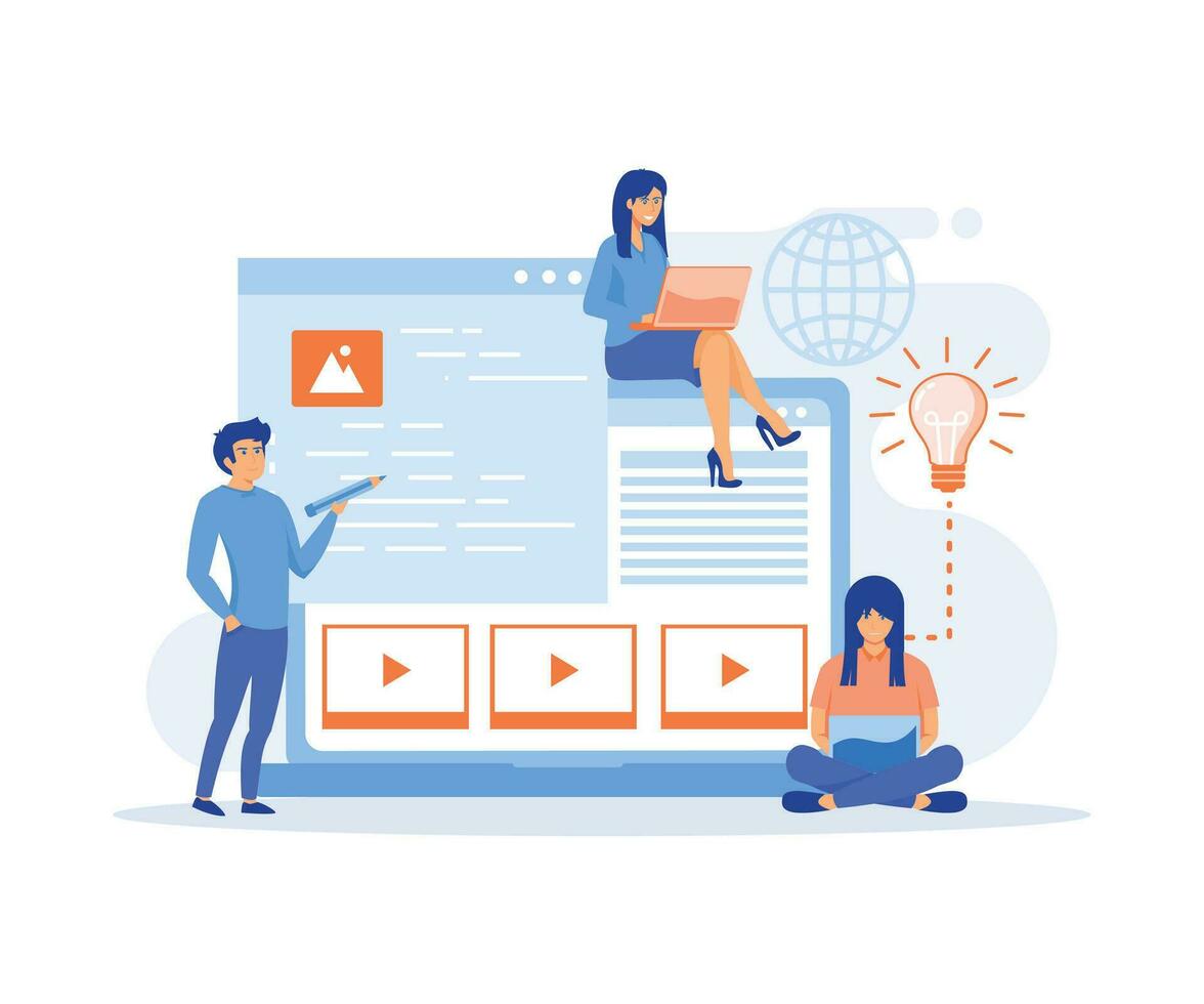 Blog Creation concept, Blog authors writing articles. Freelance writers with laptops creating social media content. flat vector modern illustration