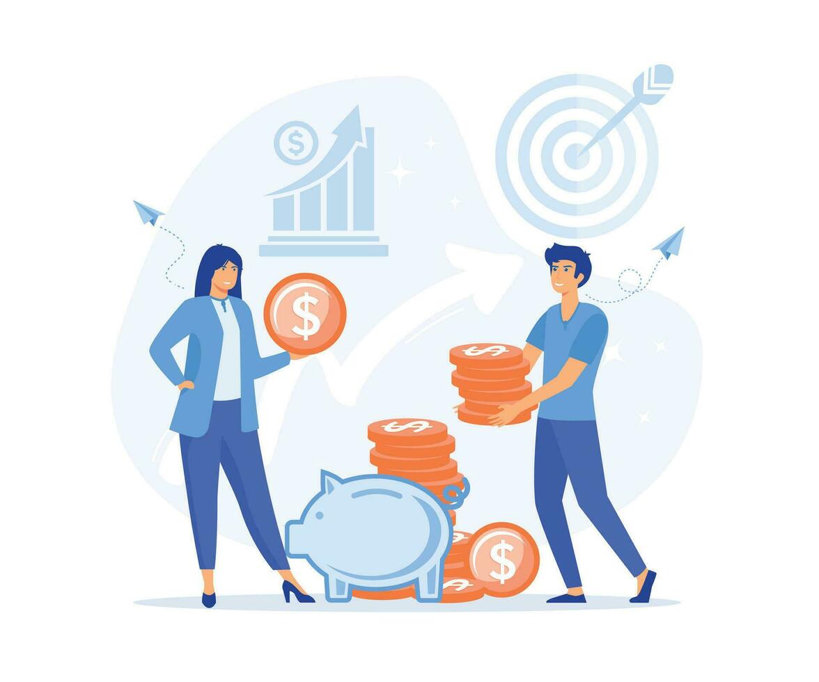 Financial investments, Married Couple Save Coins in Piggy Bank, Family Budget, Home Savings and Investment Money, flat vector modern illustration