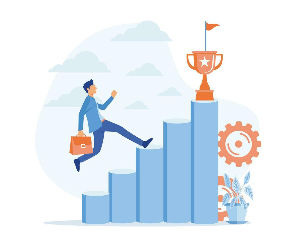 ideas start up business to success. Businessman jumping on the graph to goal, flat vector modern illustration