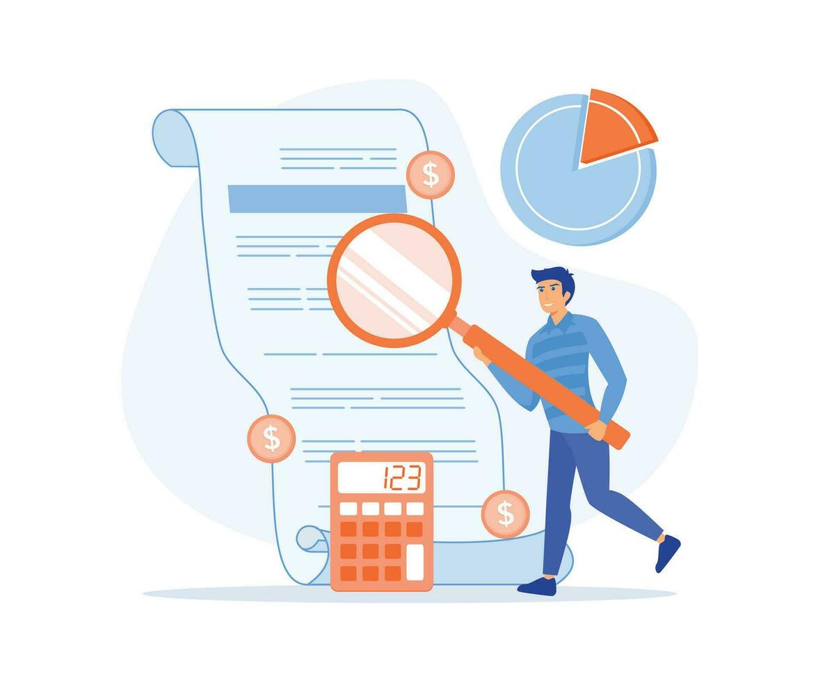 concepto de contabilidad y revisión de cuentas Servicio para negocio, hombre mirando mediante aumentador vaso a factura, cheque o factura. plano vector moderno ilustración