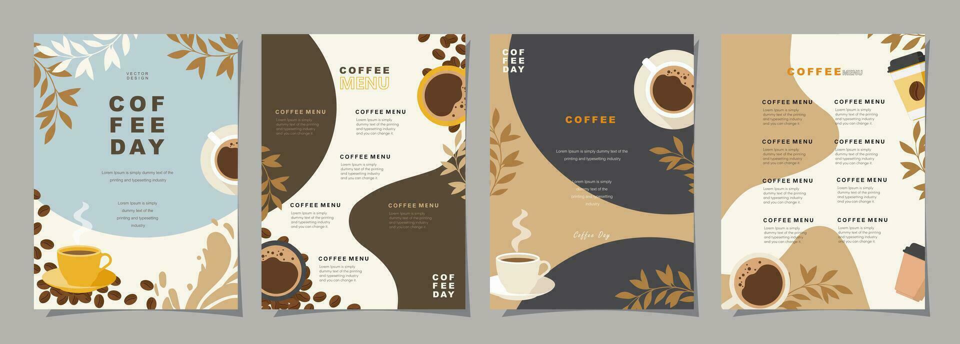 conjunto de bosquejo pancartas con café frijoles y hojas en vistoso antecedentes para póster, menú, café o otro modelo diseño. café día. vector ilustración.