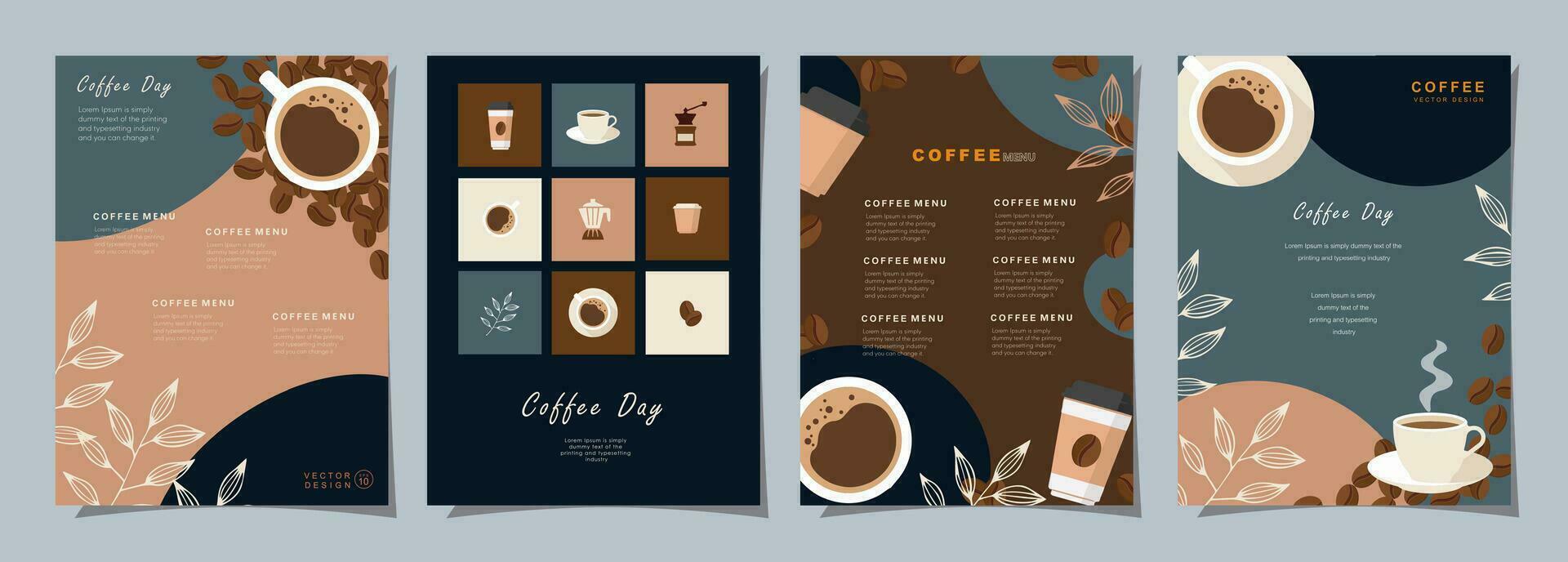 conjunto de bosquejo pancartas con café frijoles y hojas en vistoso antecedentes para póster, menú, café o otro modelo diseño. café día. vector ilustración.