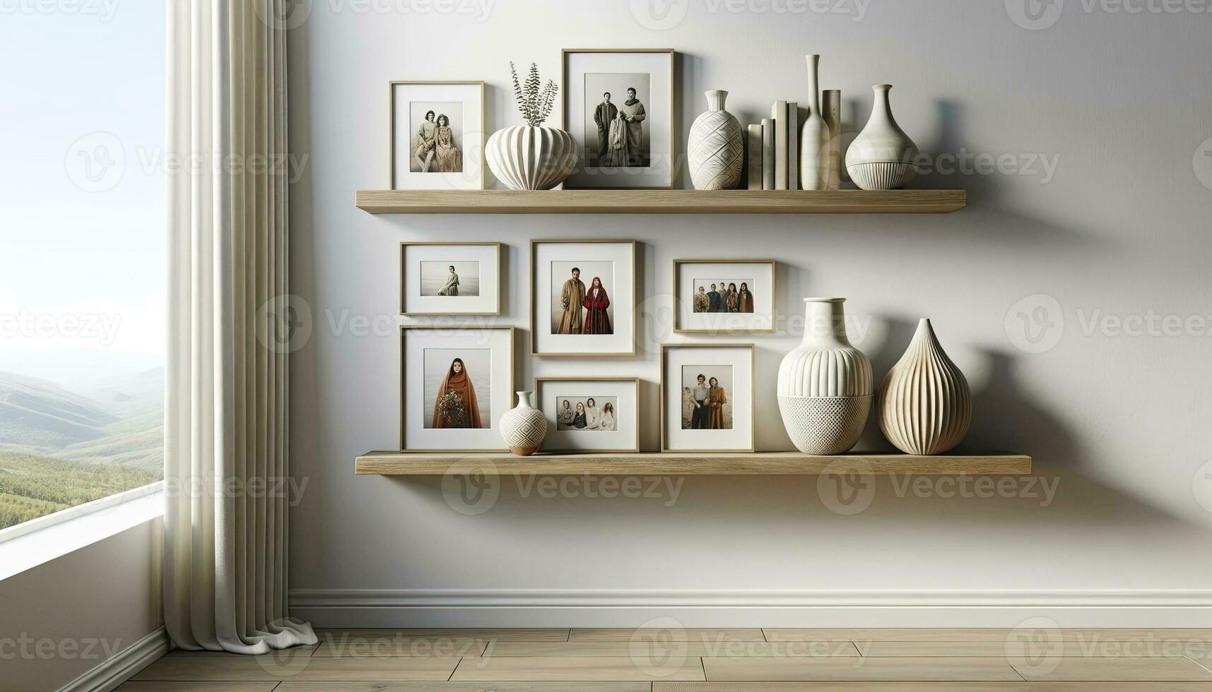 The wood floating shelf is affixed to the wall. AI Generative. photo