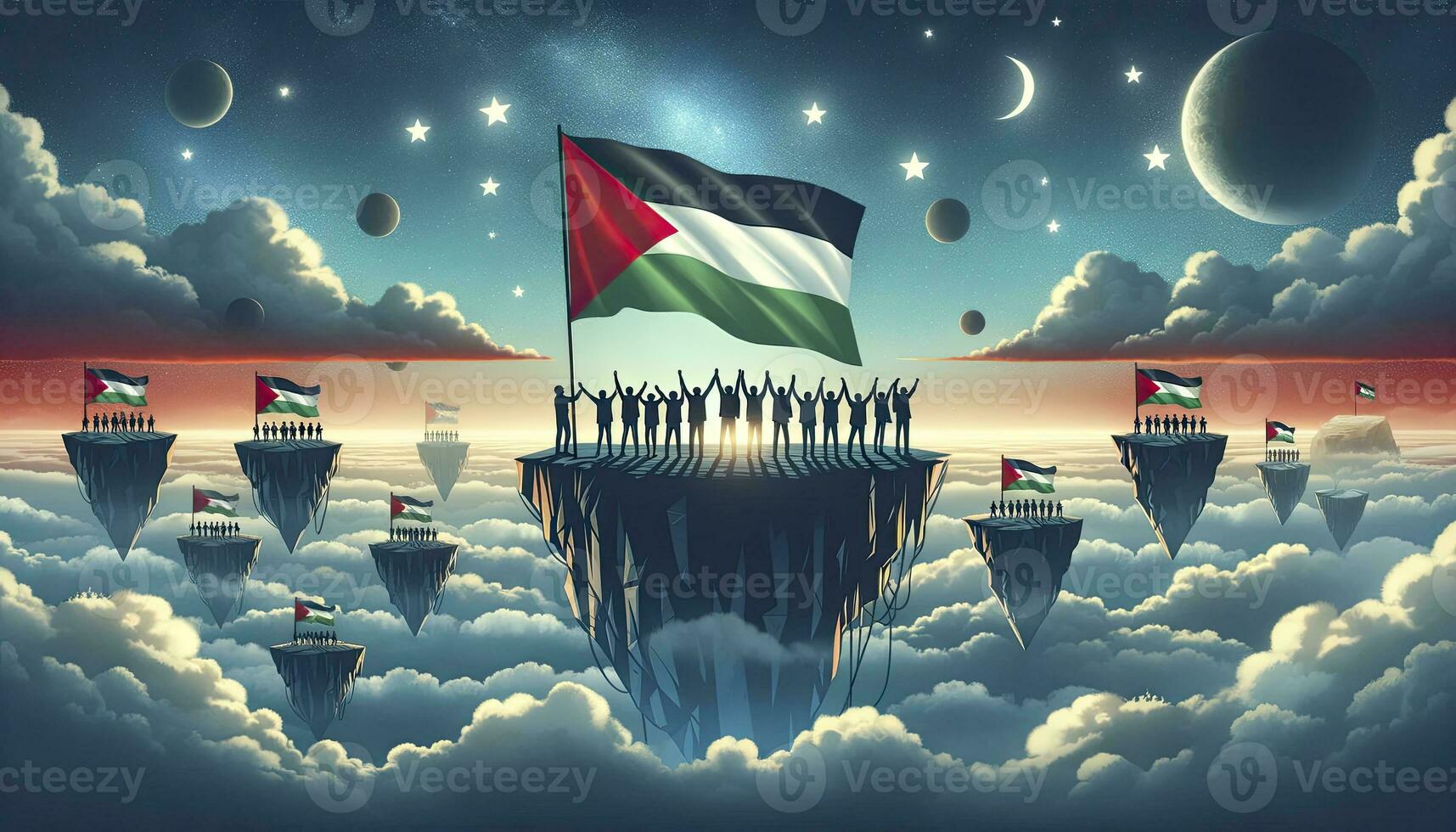 ilustración de un grupo de silueta individuos en un flotante isla alto encima el nubes, ondulación el bandera de Palestina. ai generado foto