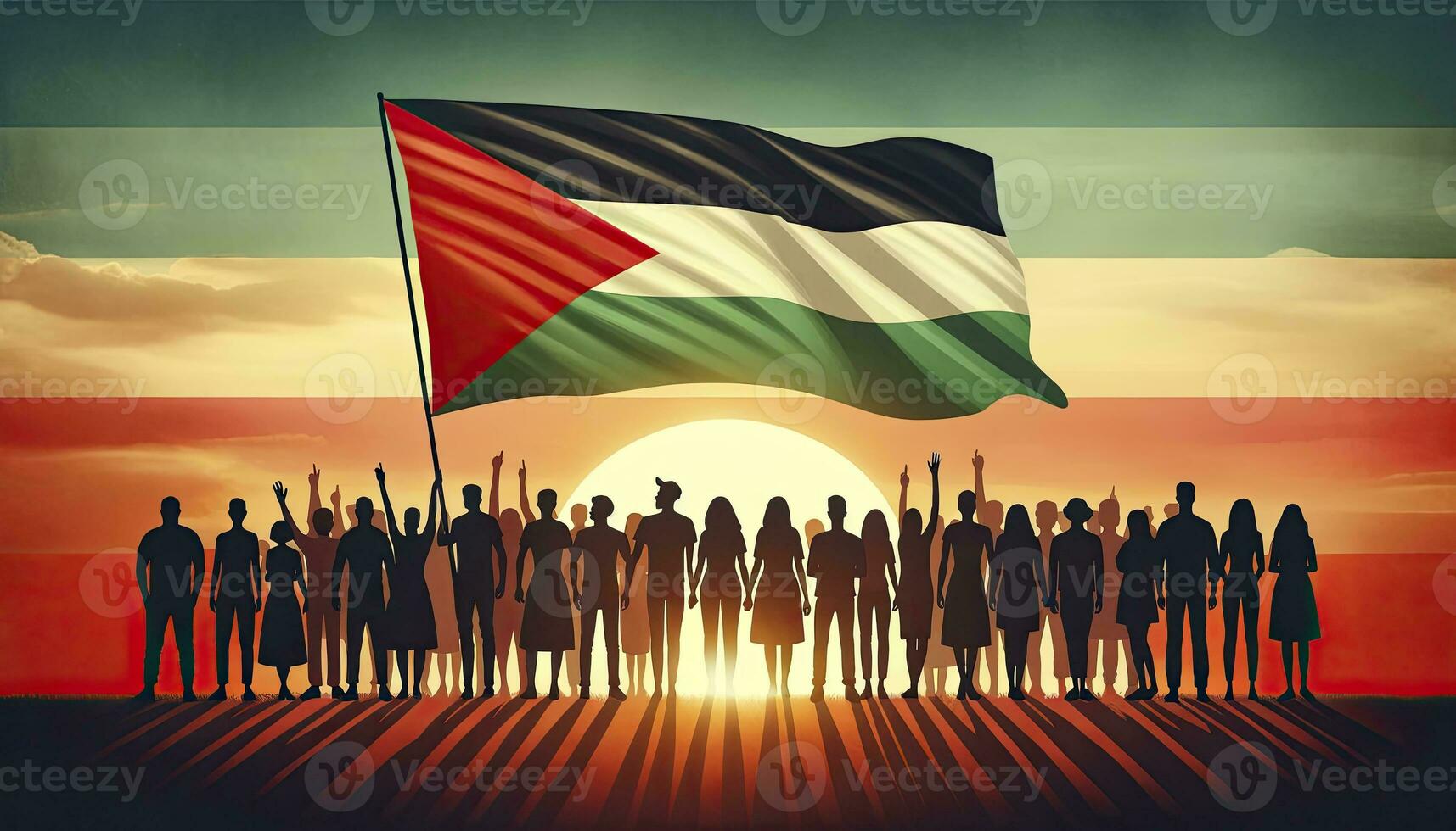 Illustration of silhouettes of diverse people standing side by side, proudly holding the flag of Palestine against a backdrop of a setting sun. AI Generated photo