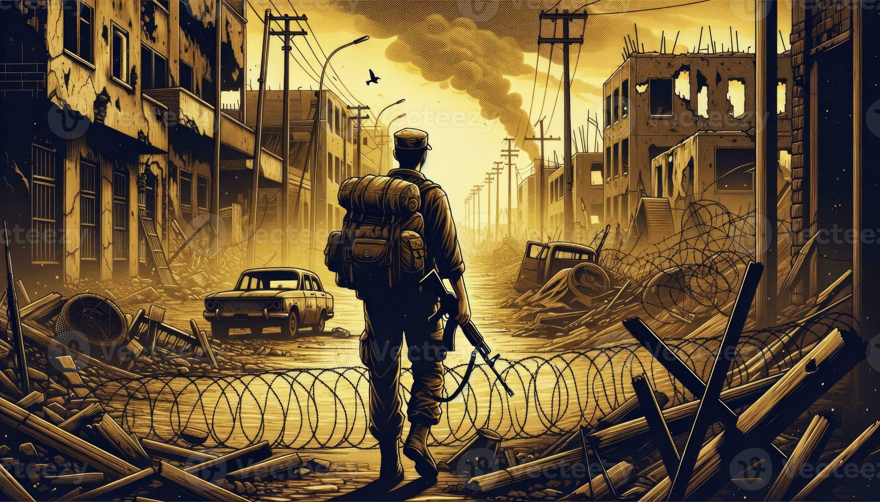 An illustration of a soldier with a backpack and rifle navigating war