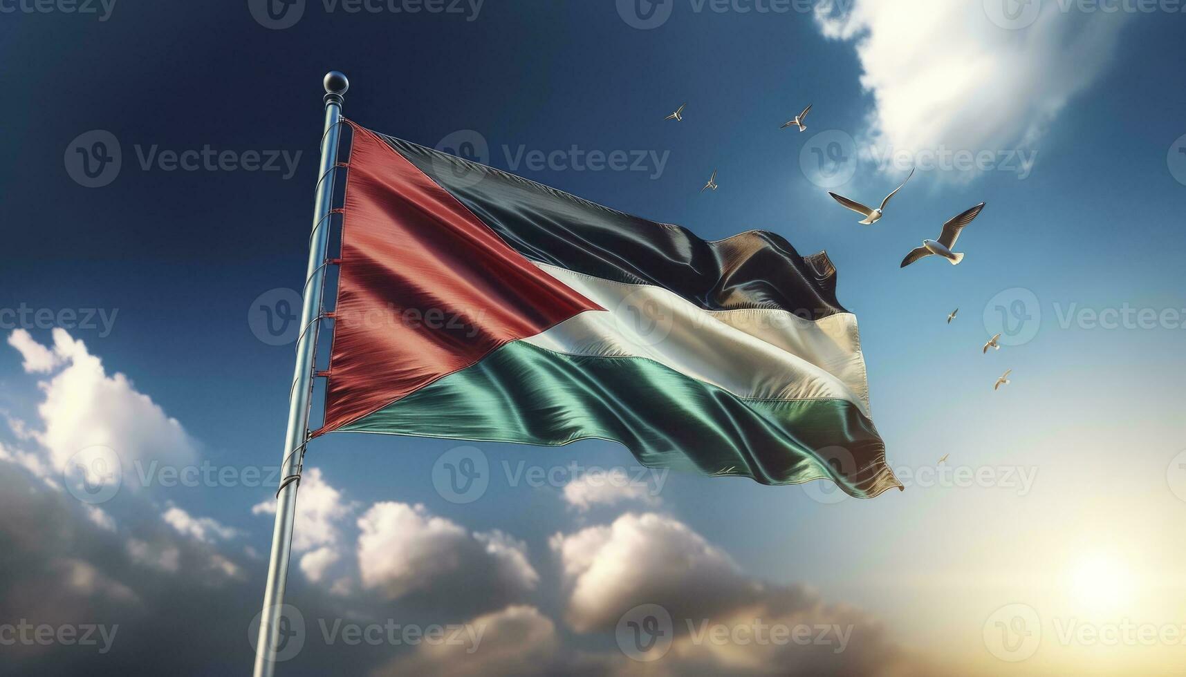 The Palestine flag stretched out with a brilliant blue sky in the background and birds flying nearby. AI Generated photo