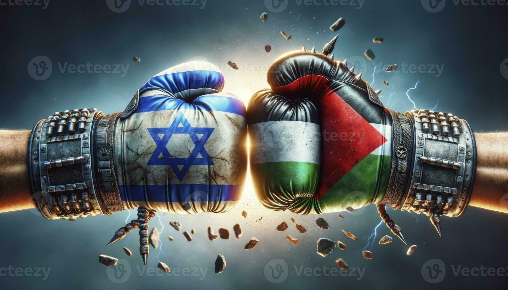 Two armored gloves, one adorned with the flag of Israel and the other with the Palestine flag, clashing in a powerful punch, highlighting the struggles between the two entities. AI Generated photo