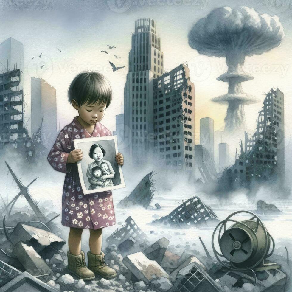 Watercolor painting of a child of Asian descent, clutching a photo of their family, as they stand amidst the desolation caused by a nuclear war, with a backdrop of a shattered skyline. AI Generated