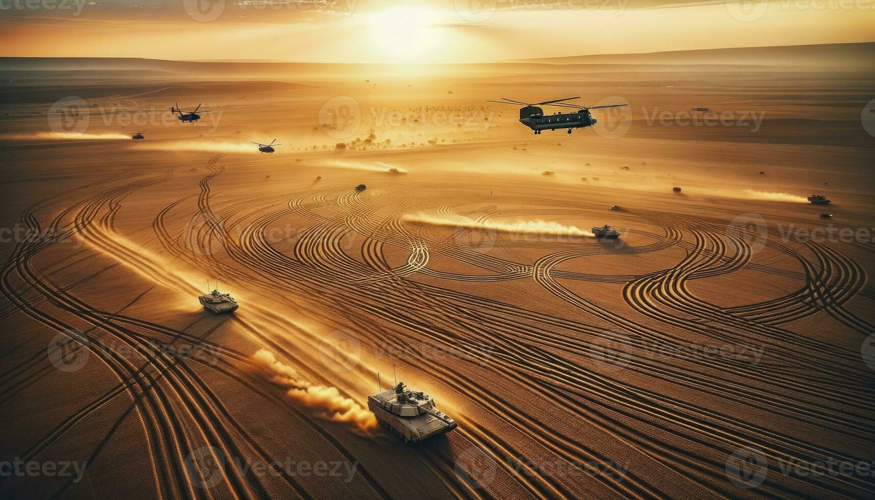 A photo depicting a strategic military operation with tanks and ground forces coordinating, while helicopters provide aerial support in the golden hour. AI Generated