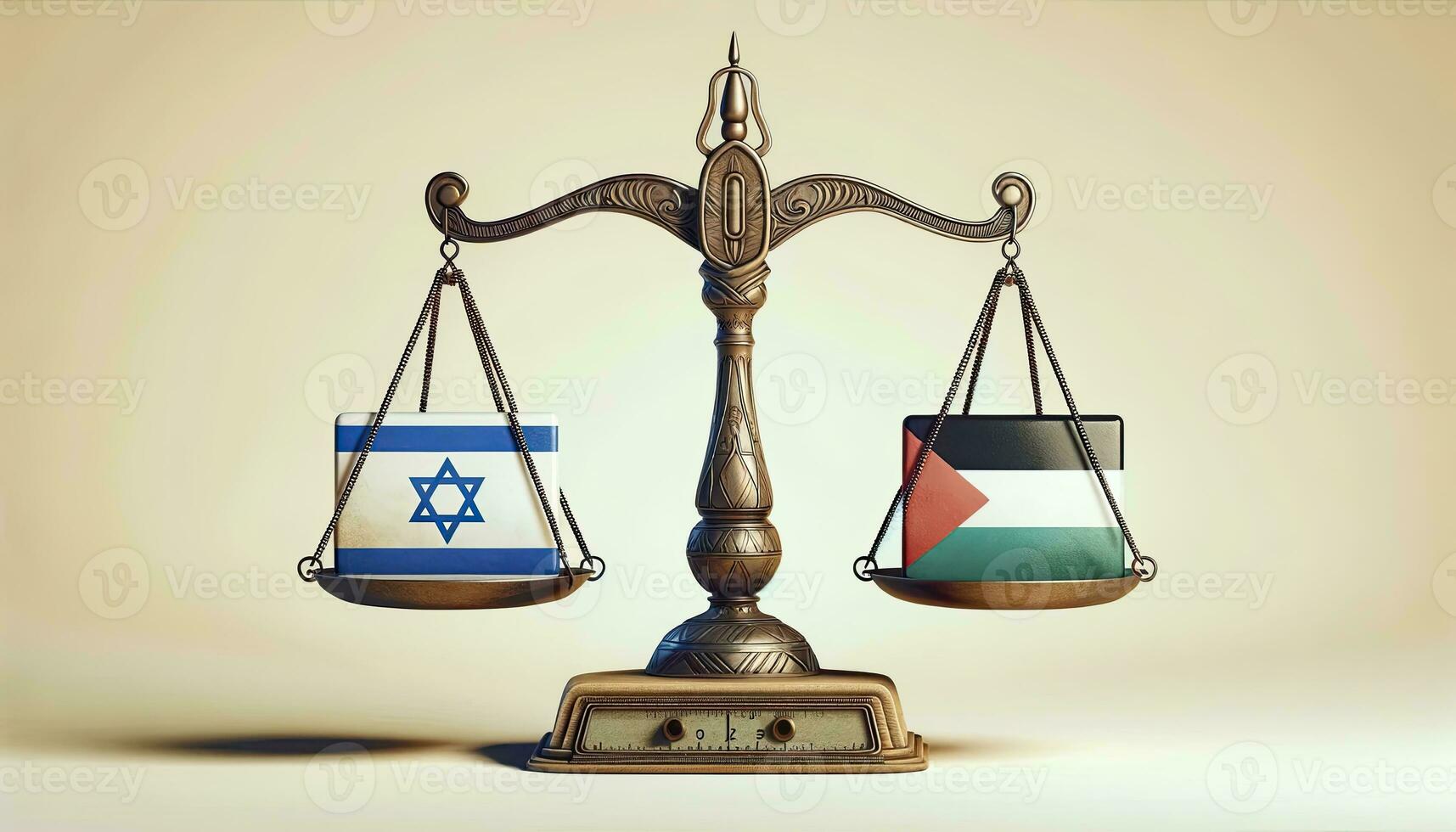 Balance scale, with one side holding the flag of Israel and the other the flag of Palestine, teetering in a delicate equilibrium, symbolizing the fragile balance of power and peace. AI Generated photo