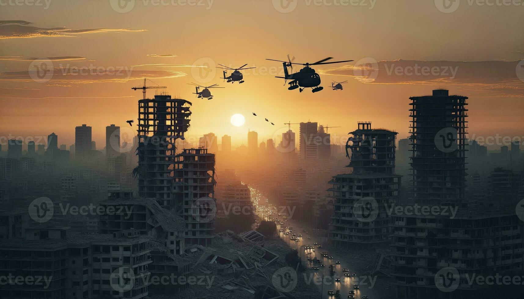 A photo capturing a cityscape at dusk with damaged structures and helicopters silhouetted against the setting sun. AI Generated