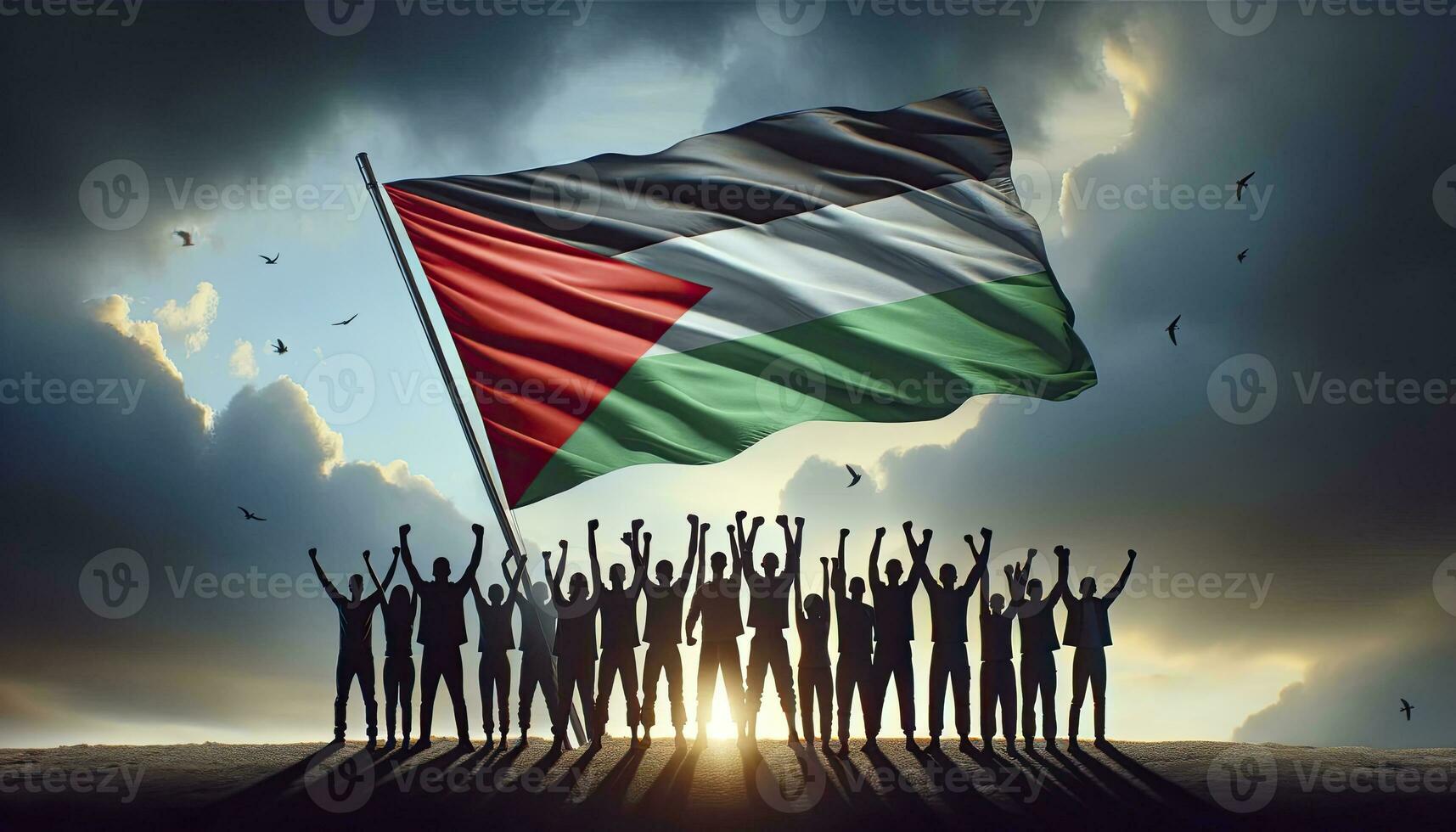A photo of individuals represented as silhouettes, raising the flag of Palestine with a transitioning sky in the background. AI Generated