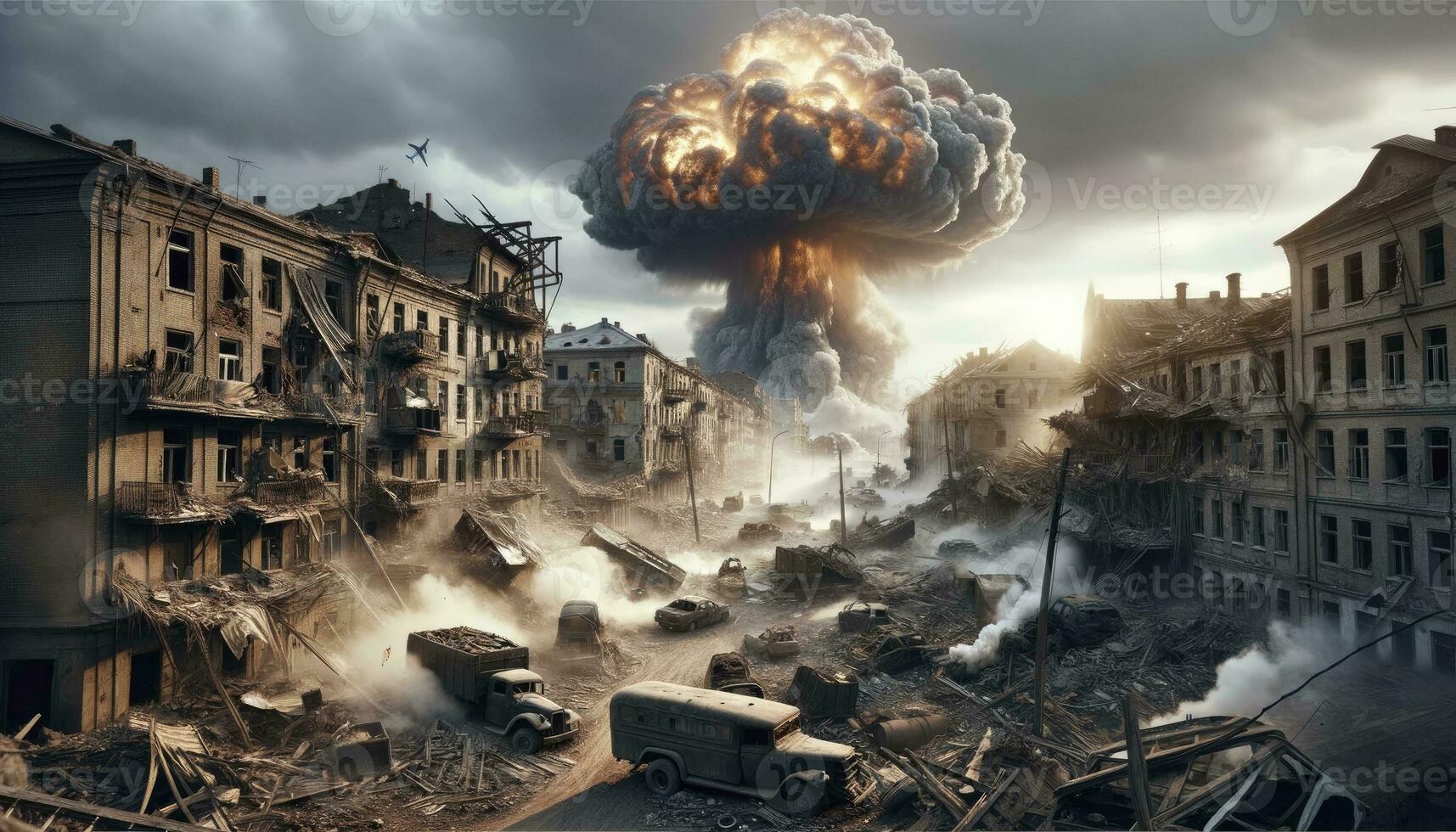 A photo depicting a war-damaged town with an explosion illuminating the background. AI Generated