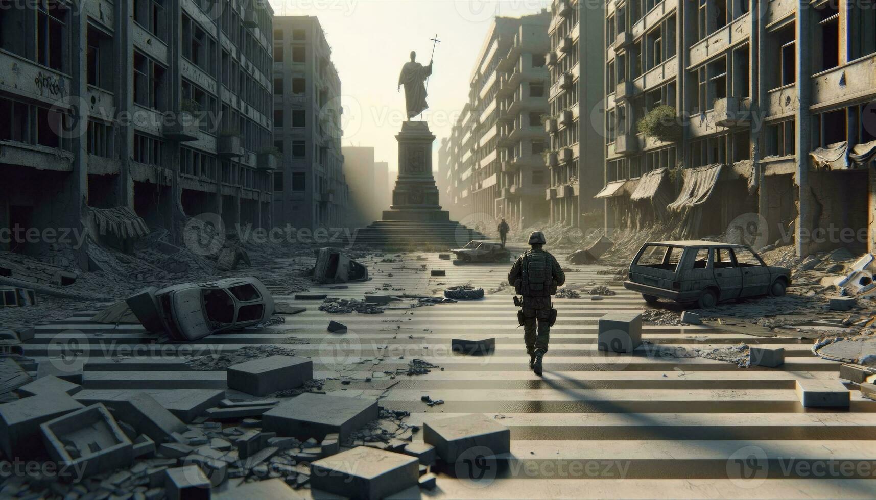 A render of a soldier journeying through a cityscape showing ruins, empty playgrounds, and abandoned shops, with the setting sun casting long shadows. AI Generated photo