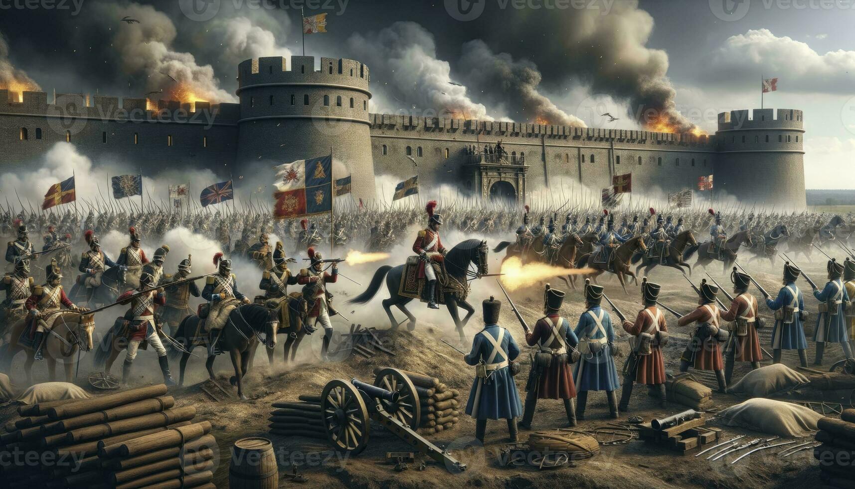 A historic battle scene showcasing soldiers, cannon fire, cavalry charges, and fortifications. AI Generated photo