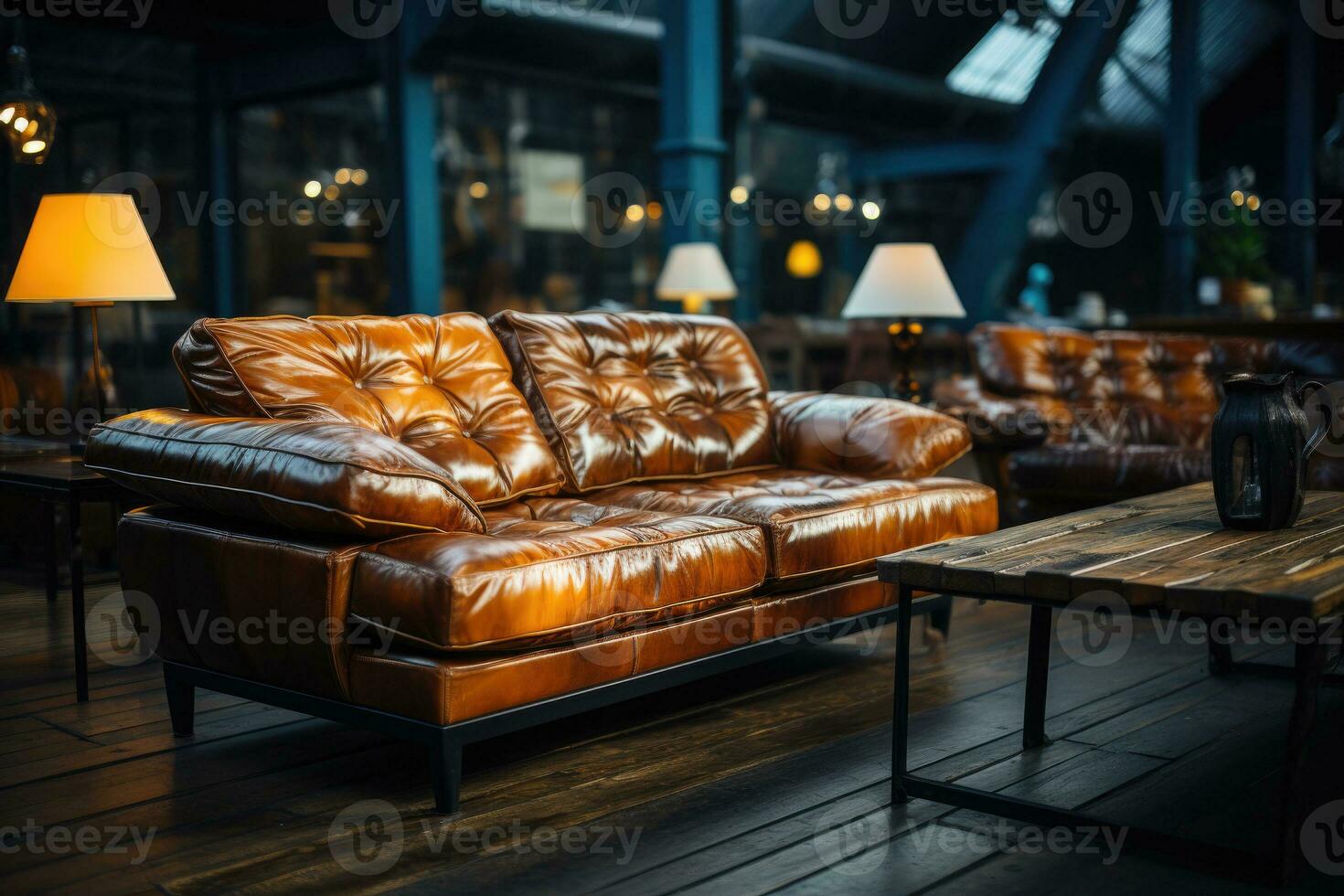 Stylish brown leather sofa in apartment. Generative AI photo