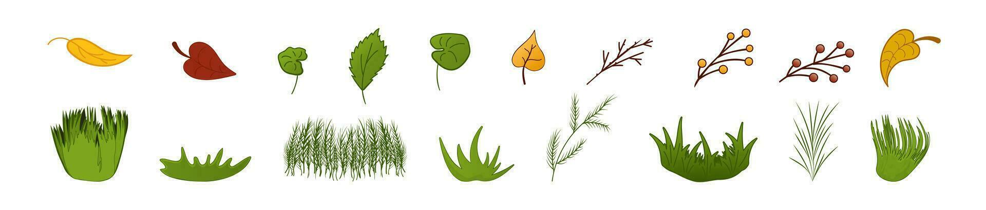 Set leaves and grass, green leaves autumn, twigs, branches, piece of lawn Doodle Vector illustration