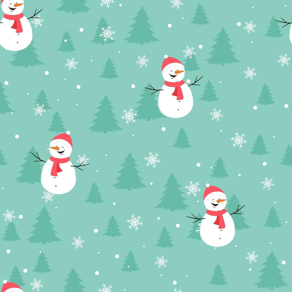 Seamless pattern with cute snowman, christmas tree and snowflakes. Vector flat design for wrapper, fabric, wallpaper.