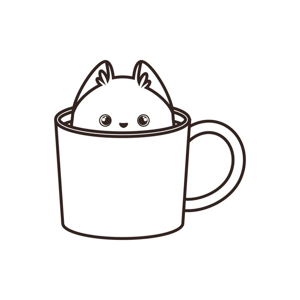 linda gatito sentado en un taza de café colorante página vector