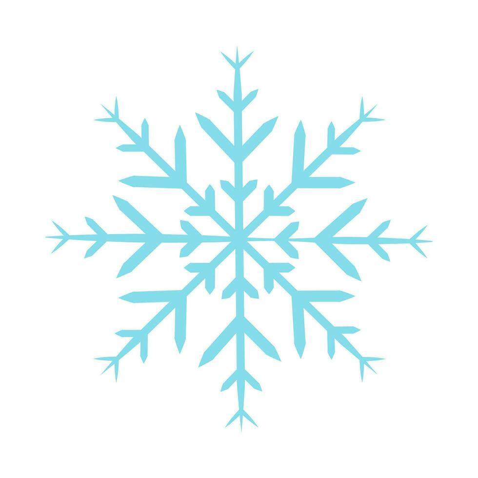 Blue symmetrical snowflake isolated on white background. Symbol of winter and cold. Flat vector illustration.