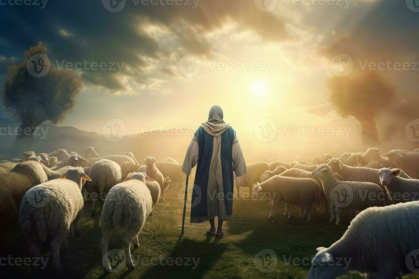 Shepherd guiding sheep. Generate Ai photo