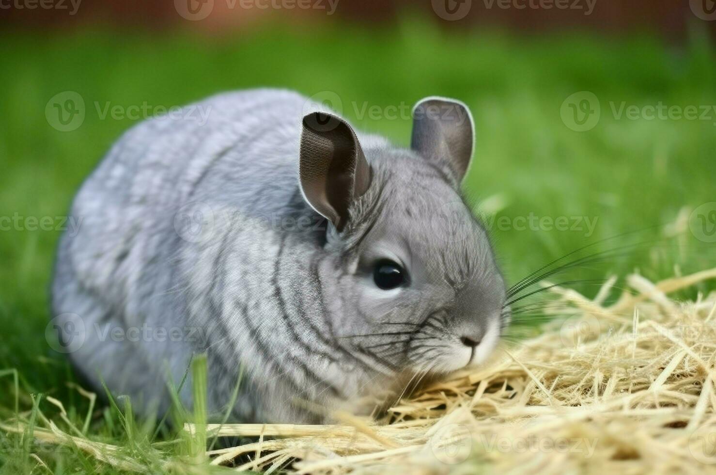 Grey chinchilla animal on grass. Generate Ai photo