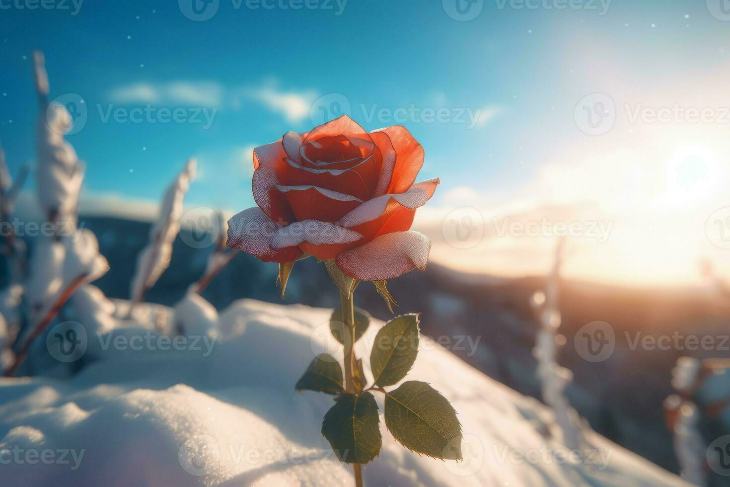 Snow mountain frozen rose sunrise. Generate Ai photo