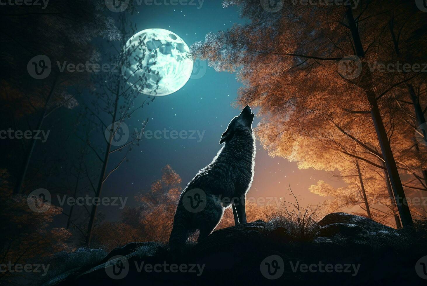 Wolf forest moon. Generate Ai photo