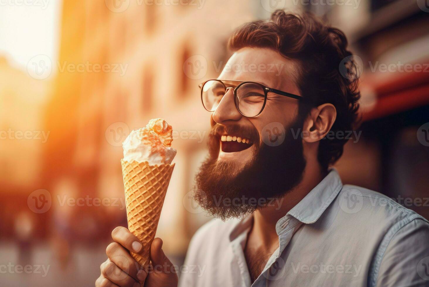 Happy man eat ice cream cone at street. Generate Ai photo