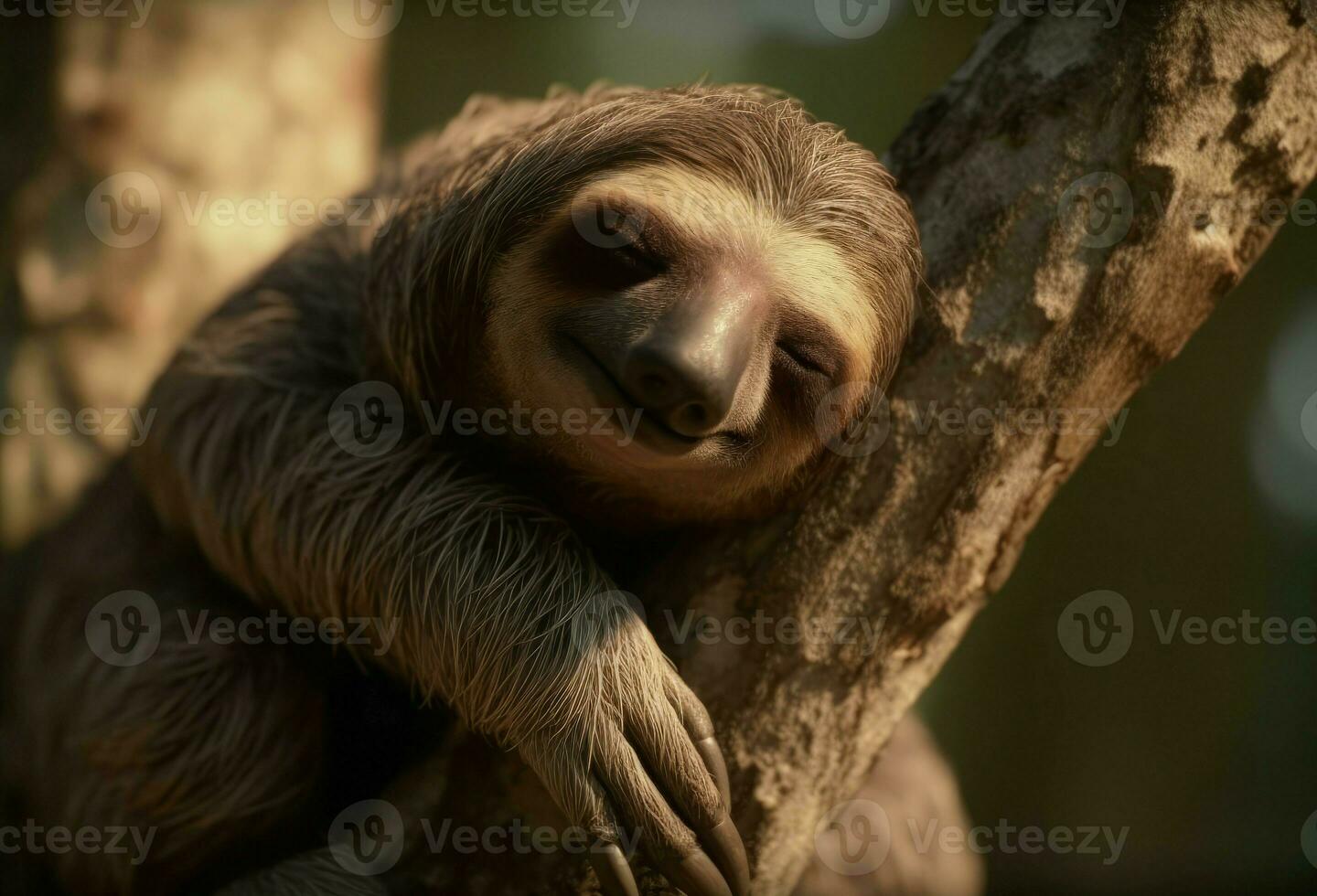 Sleeping sloth on branch at tropical morning. Generate Ai photo