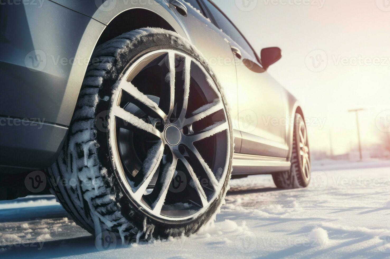 New car winter tire at morning sun. Generate Ai photo