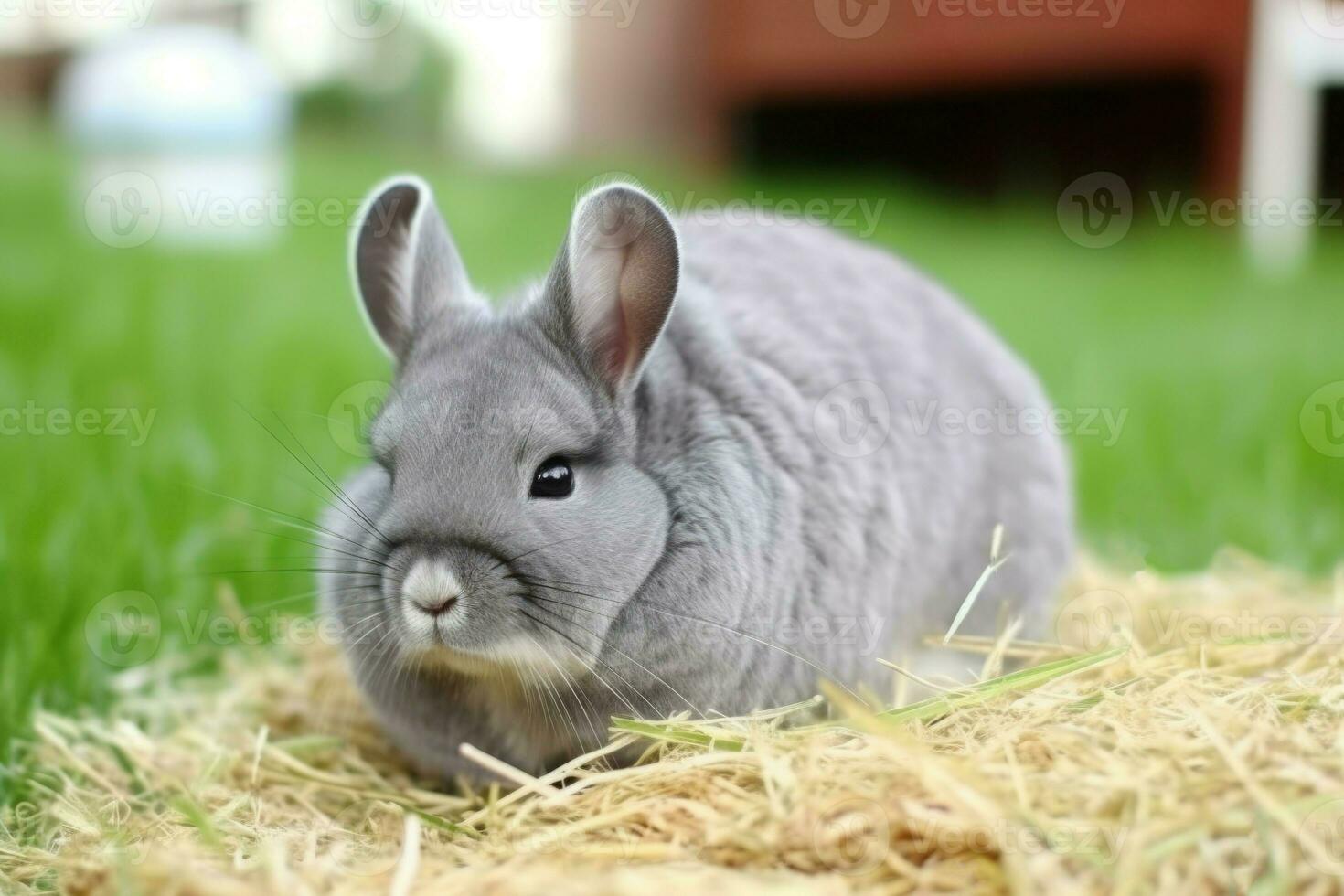 Grey chinchilla animal on green grass. Generate Ai photo