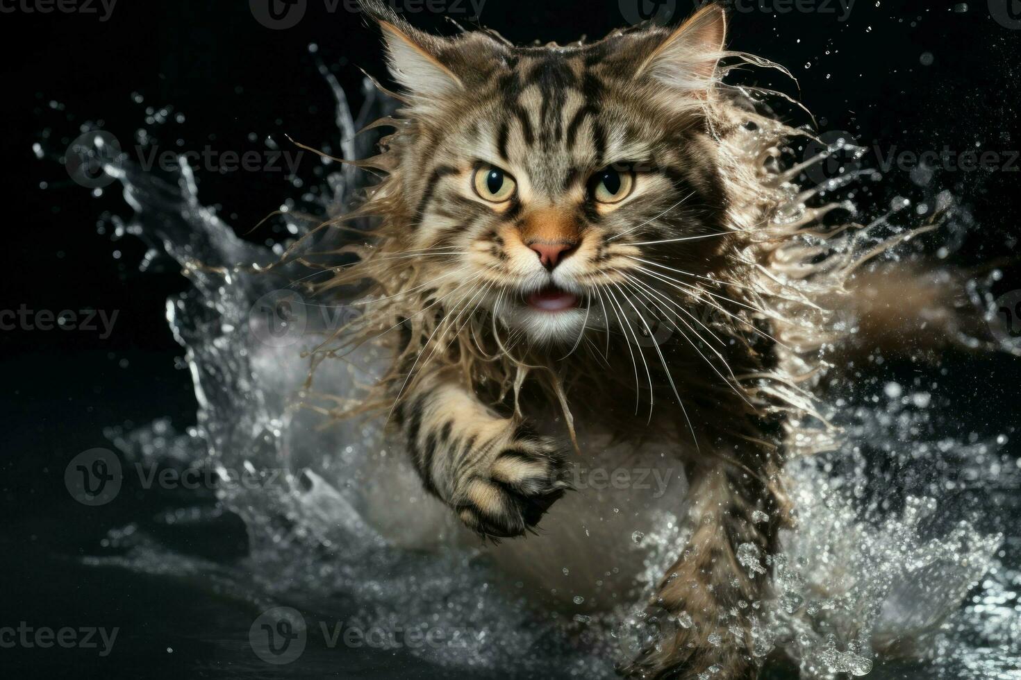 Drenched Cat splashing water run. Generate Ai photo