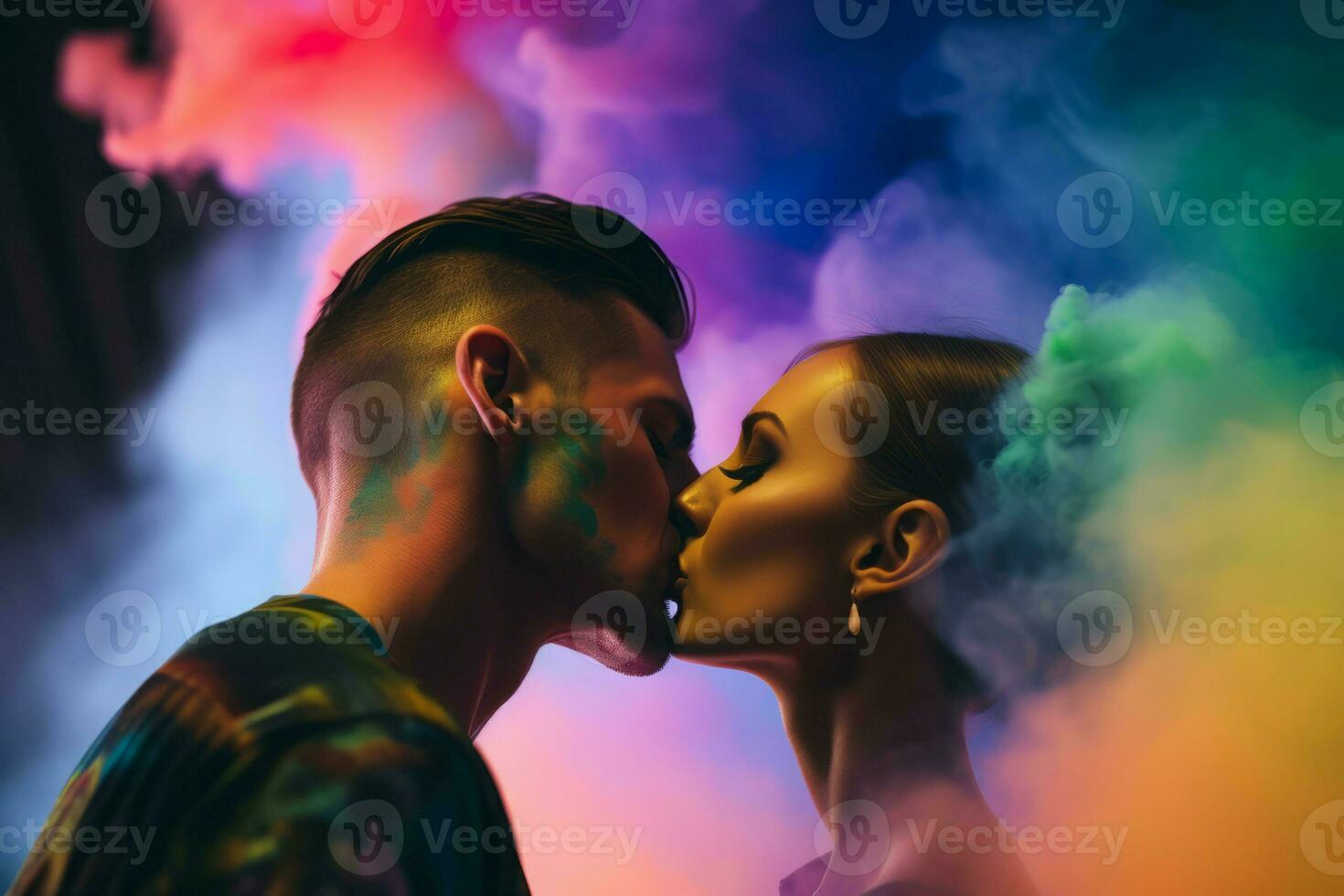 Passionate couple in colorful smoke. Generate ai photo