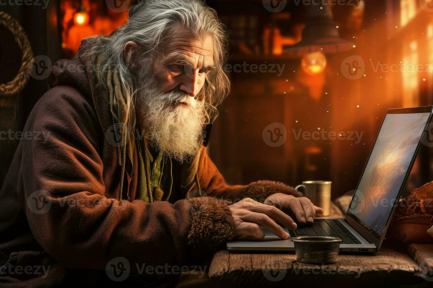 Engaging Computer old man blogger colorful. Generate Ai photo