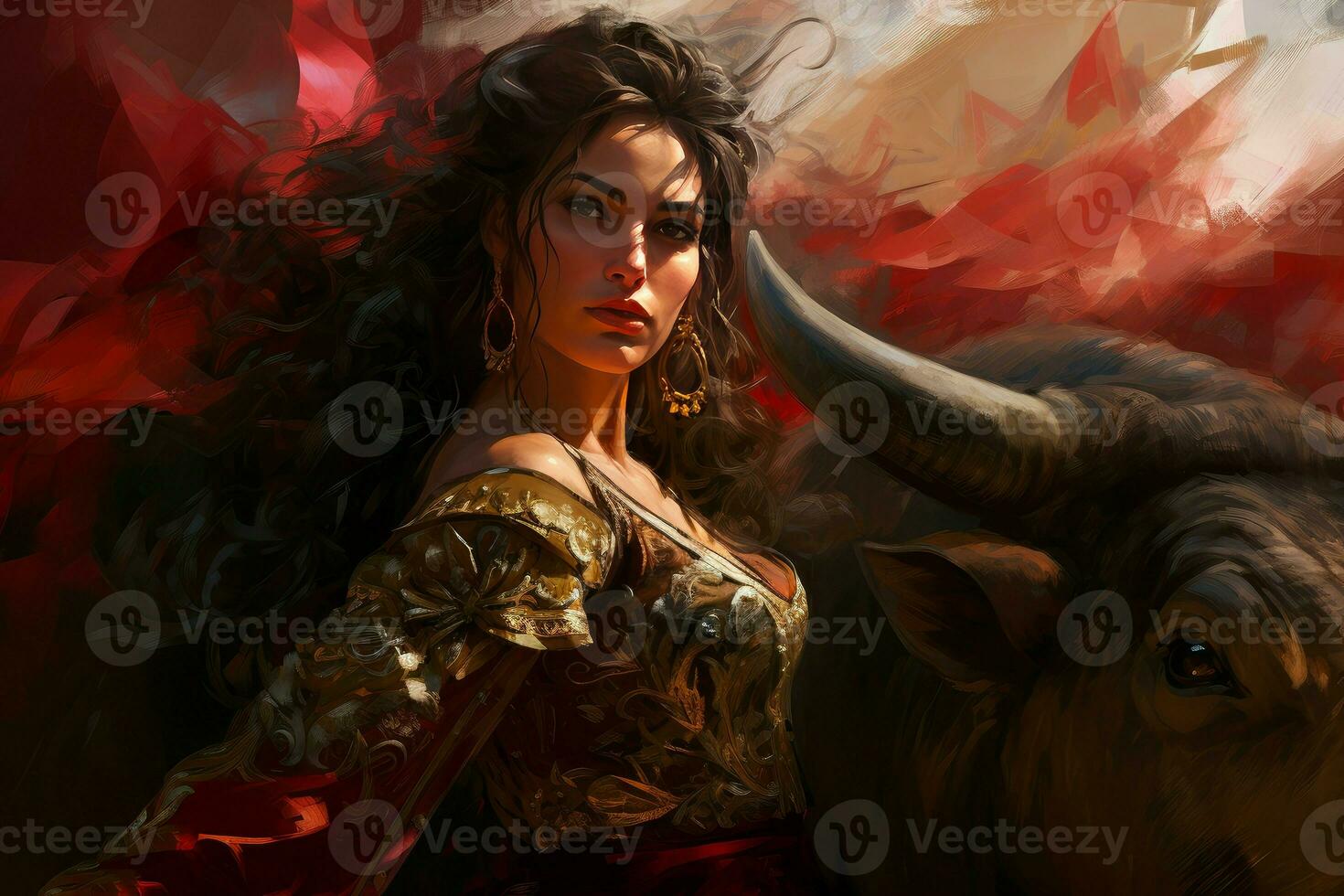 Brave Bullfighter woman red cloth bull. Generate Ai photo