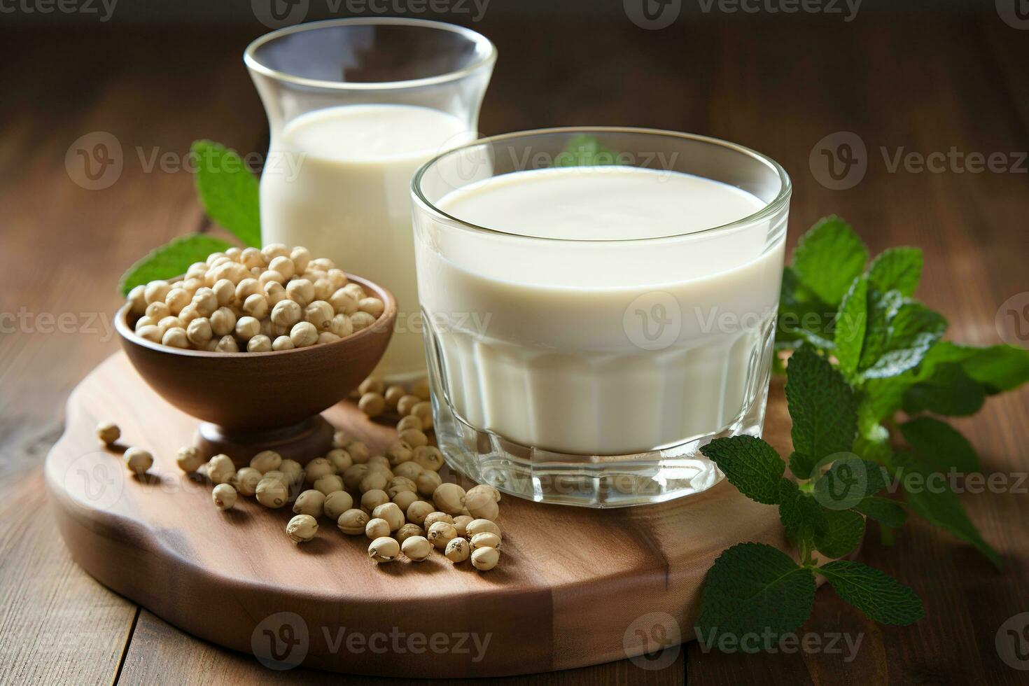 soja Leche y soja frijol en de madera antecedentes. sano comiendo concepto. generado por artificial inteligencia foto