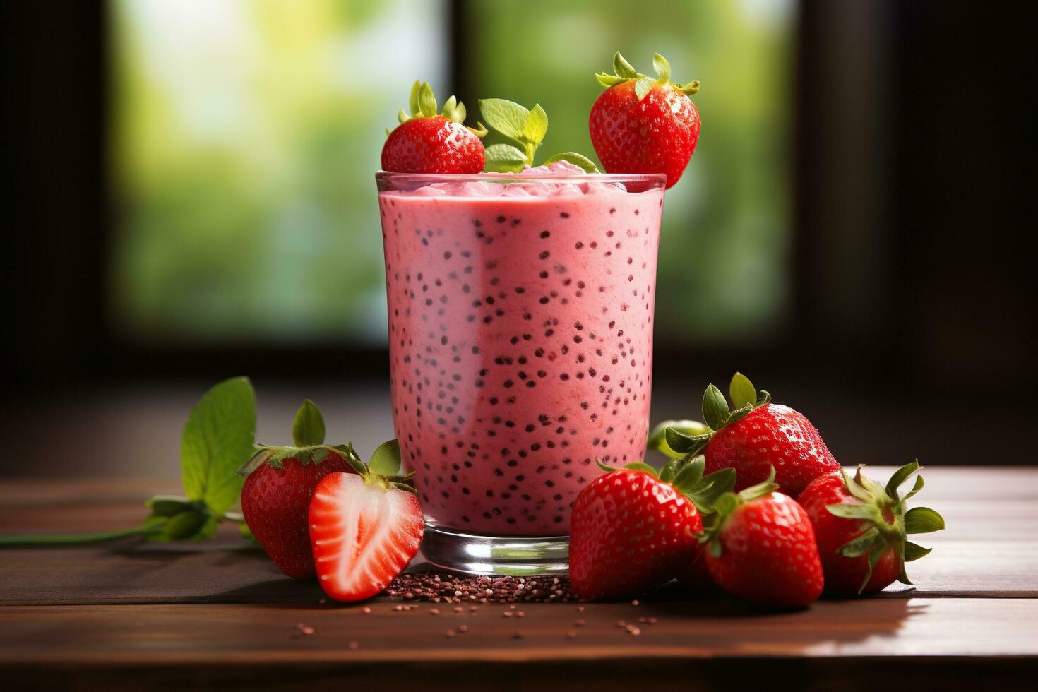 A glass of fresh strawberry milkshake, Strawberry smoothie with chia seeds and mint. Healthy food and drink concept. Generated by artificial intelligence photo